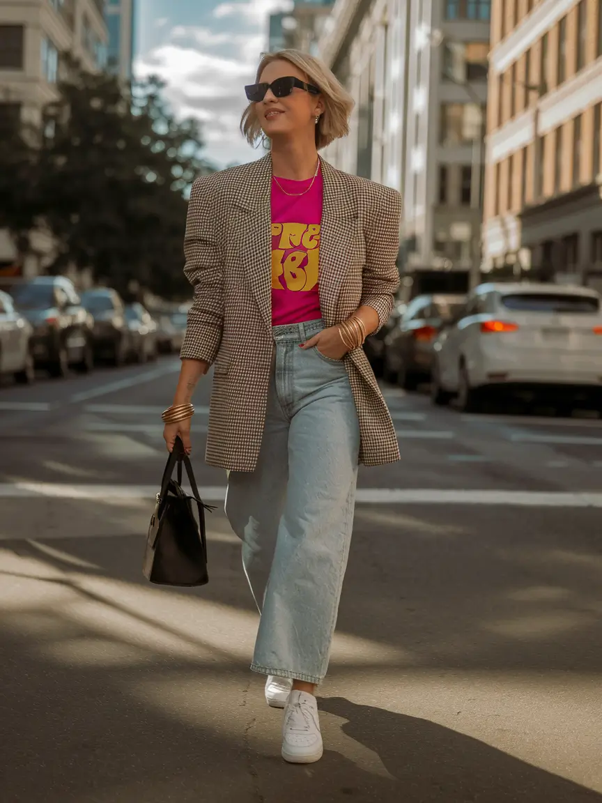 fall outfits with jeans 2025 Retro Blazer and Playful Pop of Pink
