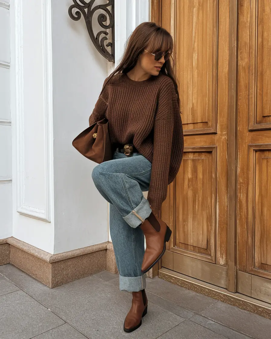 fall outfits with jeans 2025 Chocolate Tones and Cuffed Denim Elegance