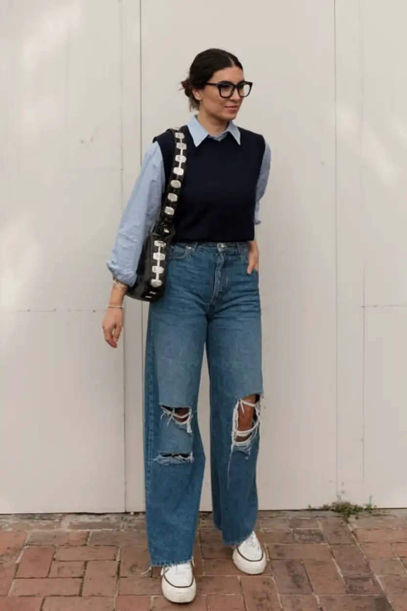 fall outfits with jeans 2025 Academic Layers With a Twist