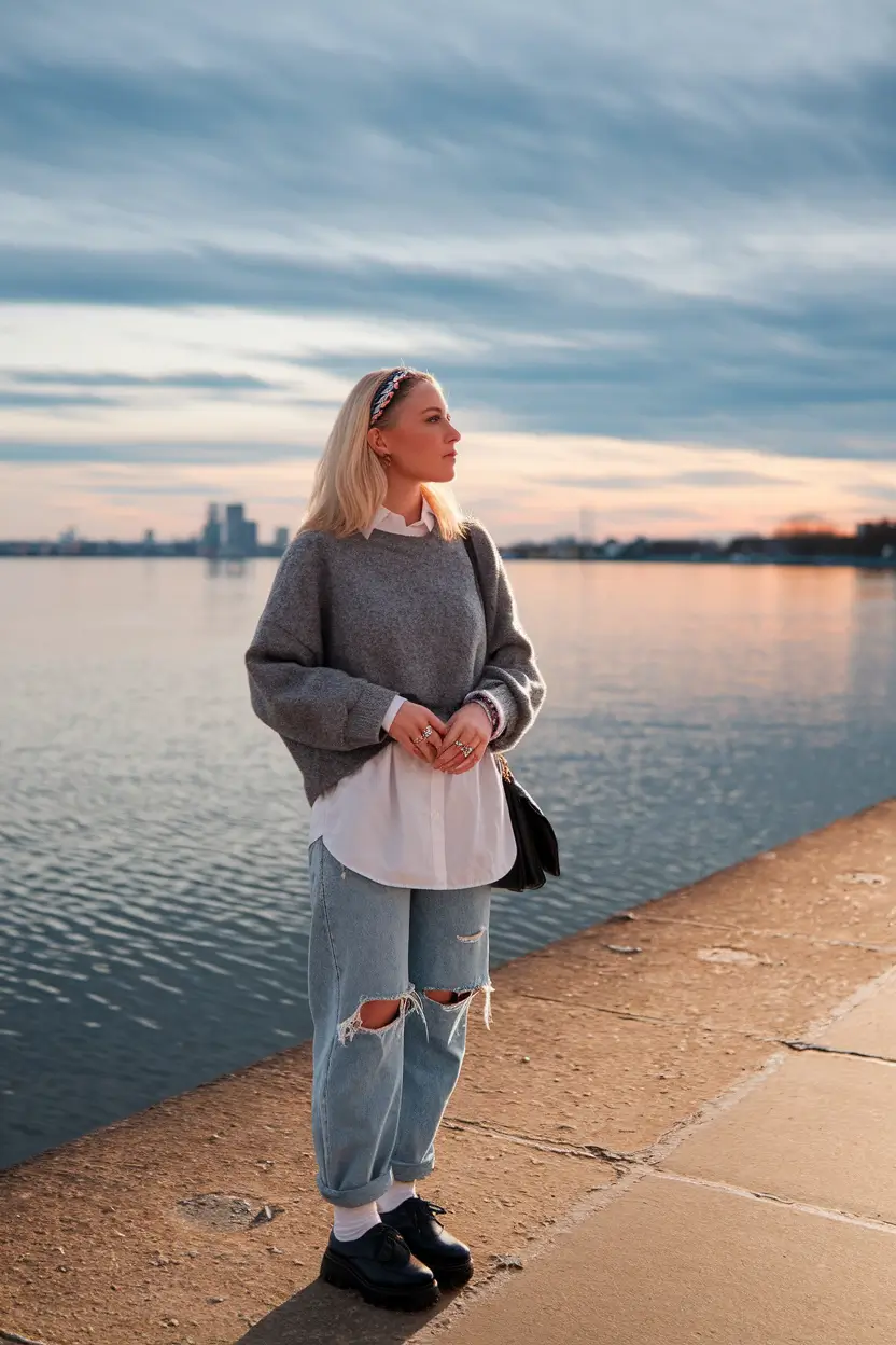 fall outfits with jeans 2025 Sunset Softness and Distressed Denim