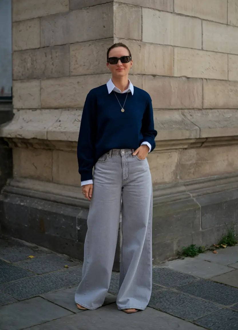 fall outfits with jeans 2025 Muted Elegance in Navy and Grey