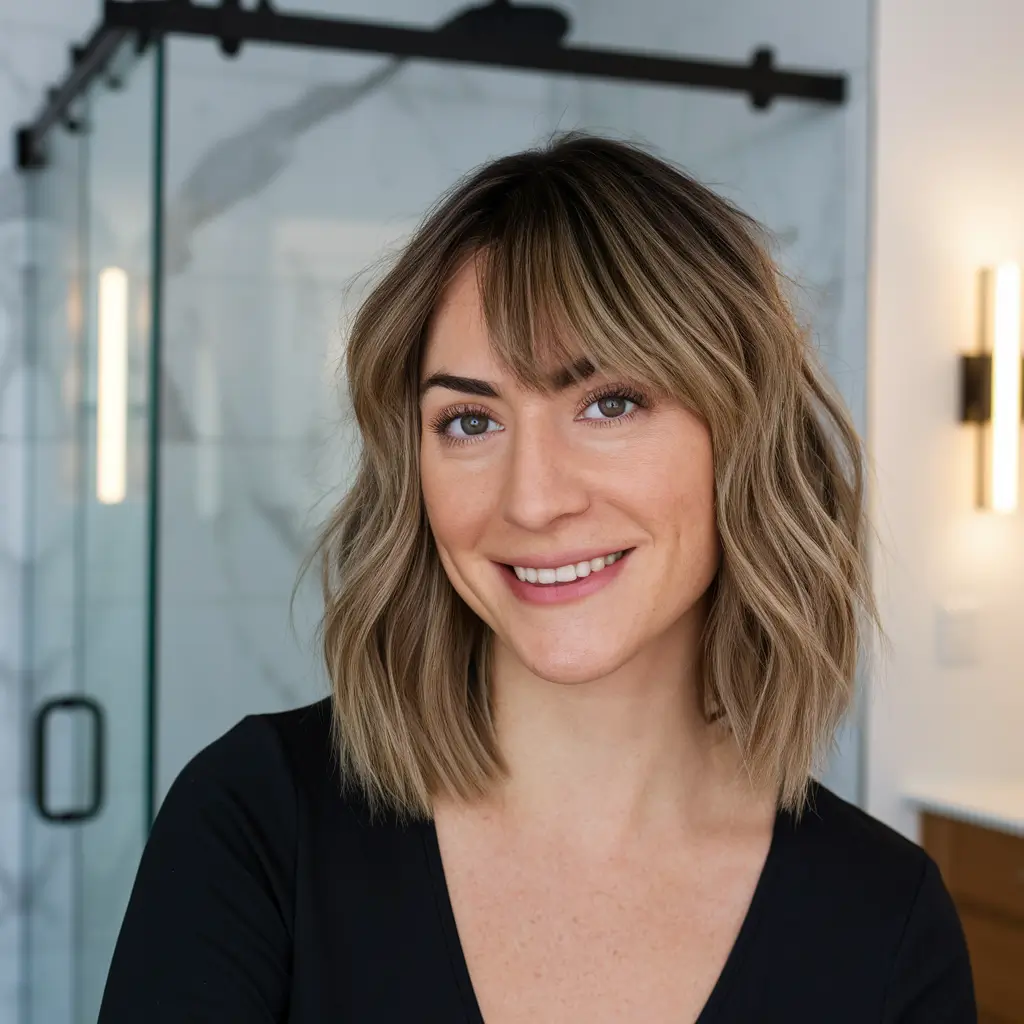 blondes 2025+Beige Balayage with Playful Fringe