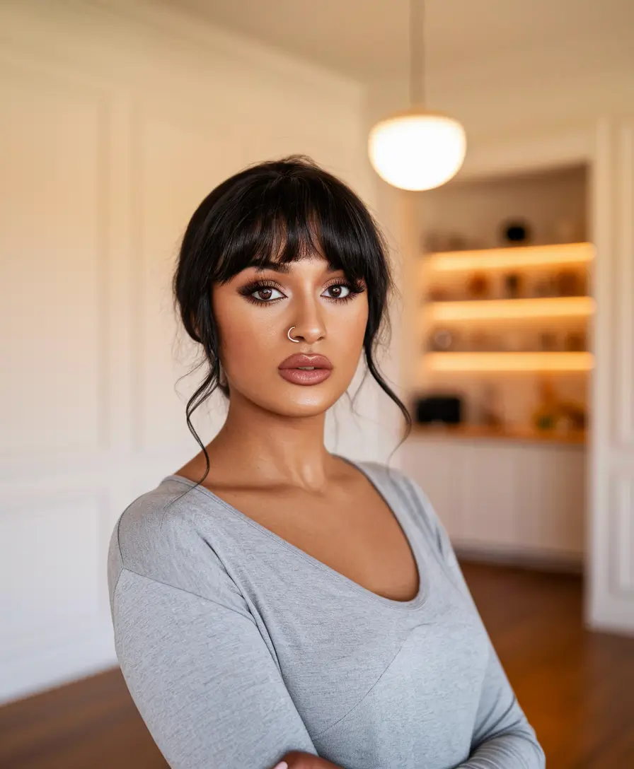 fall hair colors for black women+Glossy Jet Black with Tousled Fringe