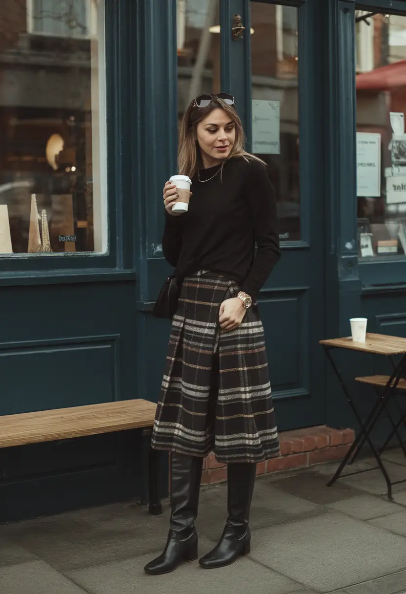 early fall outfits for work+Plaid Skirt Elegance with Riding Boot Power