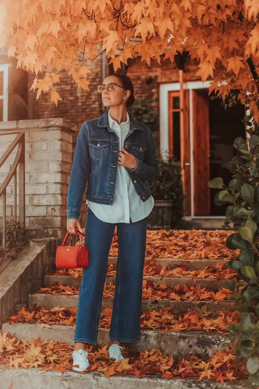 early fall outfits casual+Denim on Denim with a Bright Accent