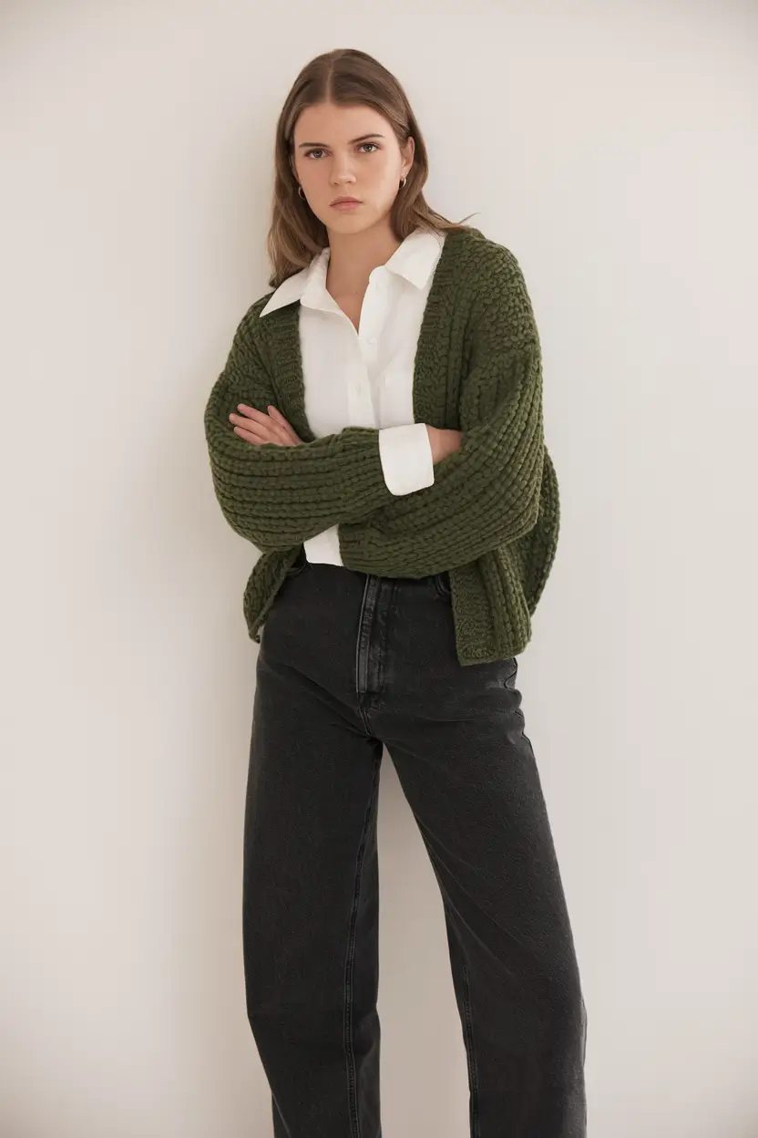 early fall outfits women+Chunky Olive Knit and Modern Denim