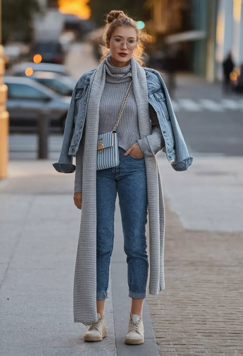 layering fall outfits 2025 City Chill in Denim and Knit Drama