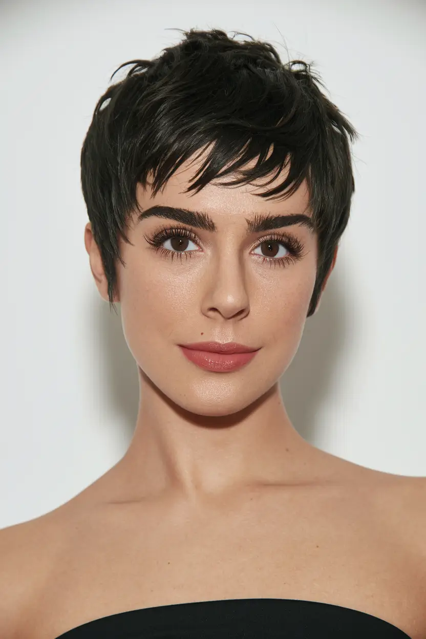 pixie haircut fall colors Soft Jet Black Pixie with Feathered Baby Bangs