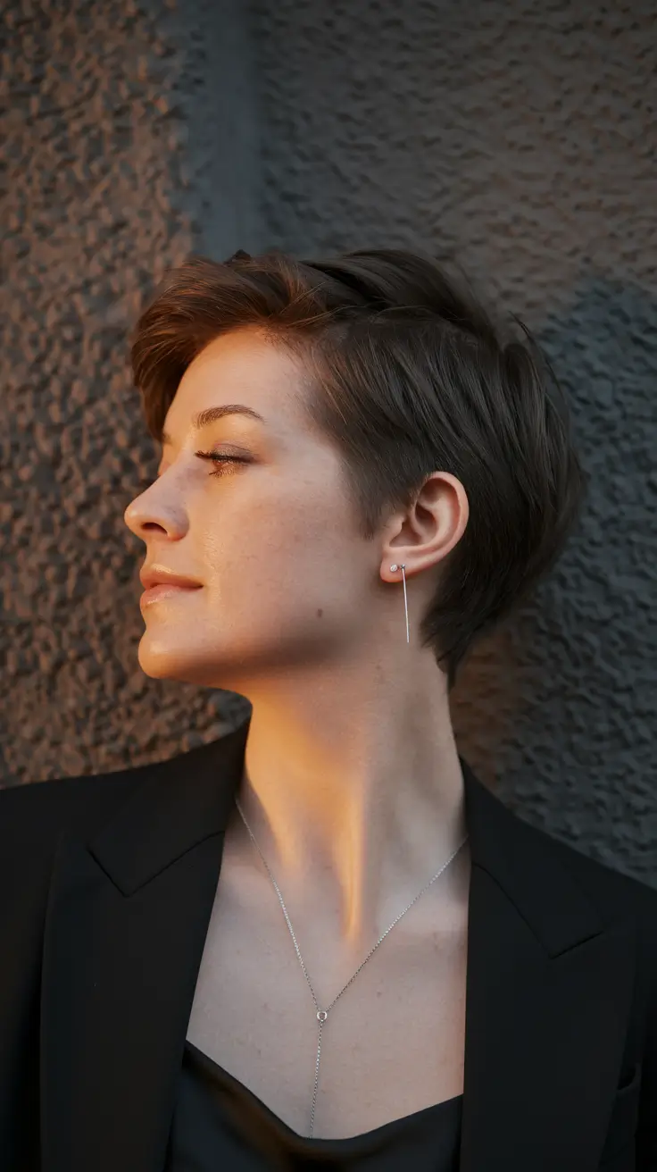 pixie haircut fall outfit Effortless Cool with Polished Side Volume
