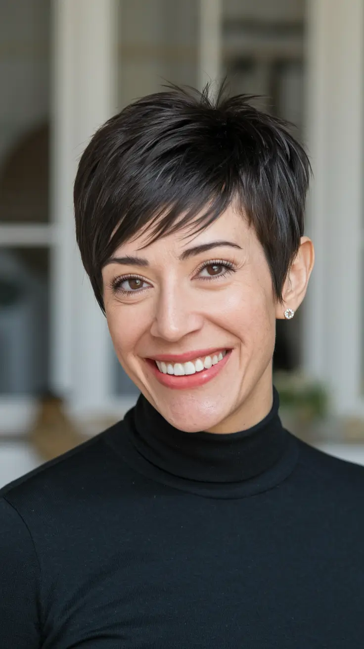 pixie haircut for fall 2025 Spiky Espresso Pixie with Piecey Fringe