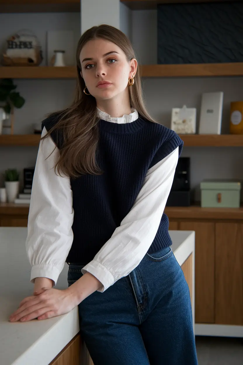 Women's clothing The Classic Sleeveless Sweater and Crisp White Blouse Combo