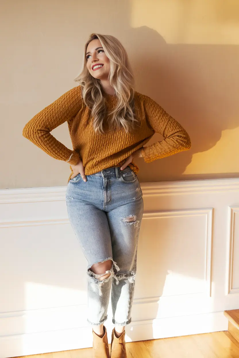 clothes of winter fall fashion Cozy Mustard and Light-Wash Love