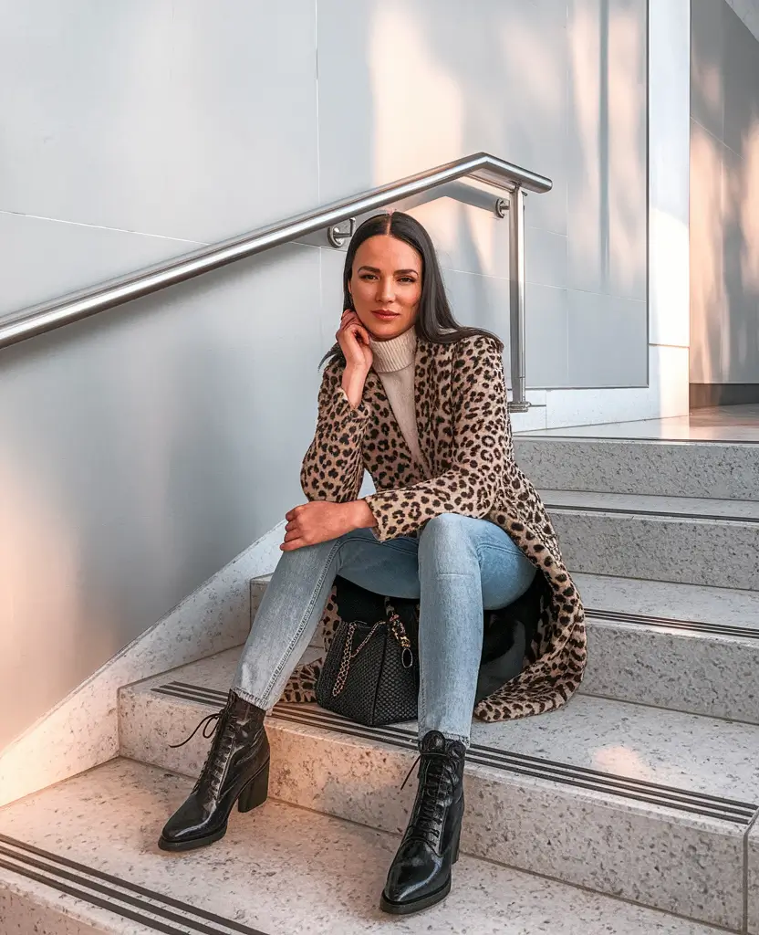 fall fashion clothes Leopard Print and Lace-Up Boots: Wild Meets Refined