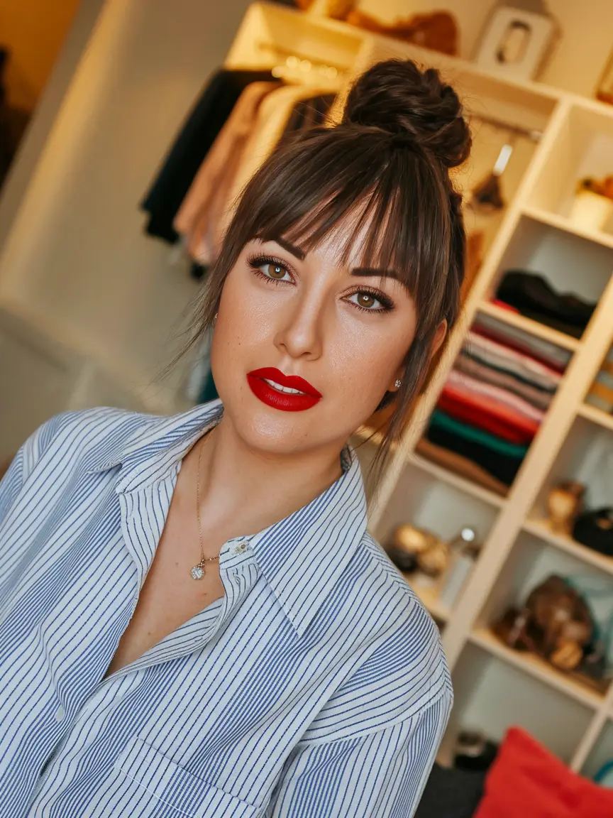 fall haircuts 2025 oval face Chic Topknot with Soft Curtain Bangs