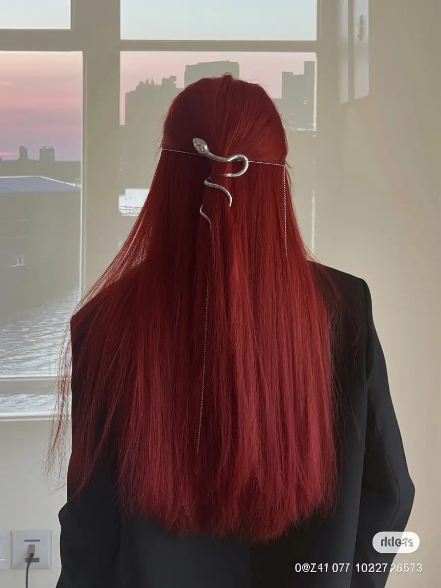 fall red hair color Garnet Half-Up Long Layers