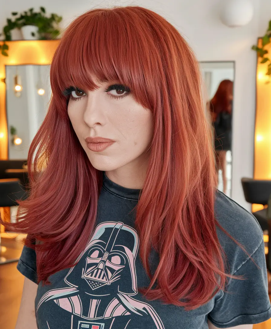 fall red hair color for brunettes Retro Bangs and Burnt Cinnamon Layers