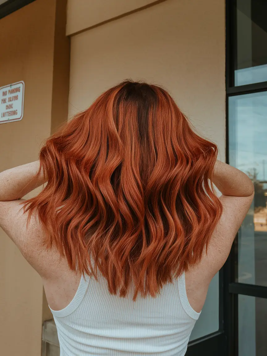 fall red hair color autumn curly Wavy Ginger Lob with Lived-In Texture
