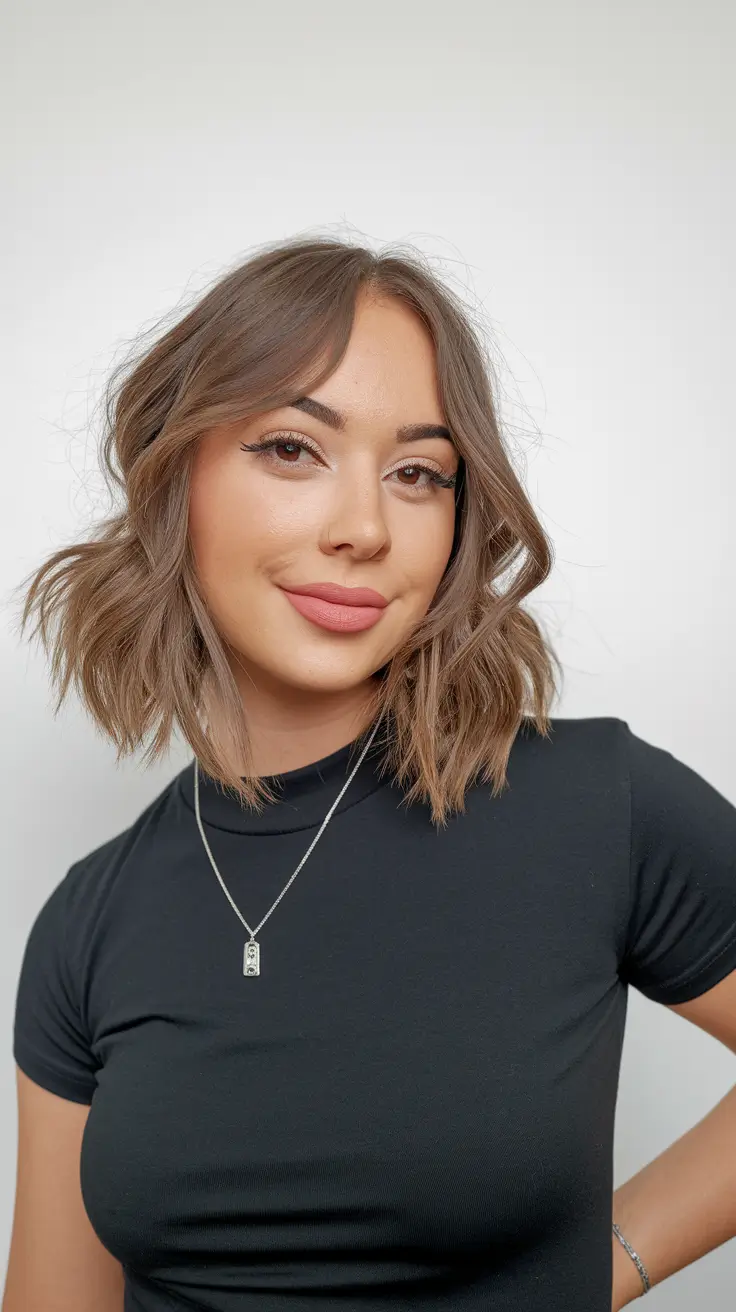 short haircut for fall 2025 Soft Brown Lob with Curtain Bangs