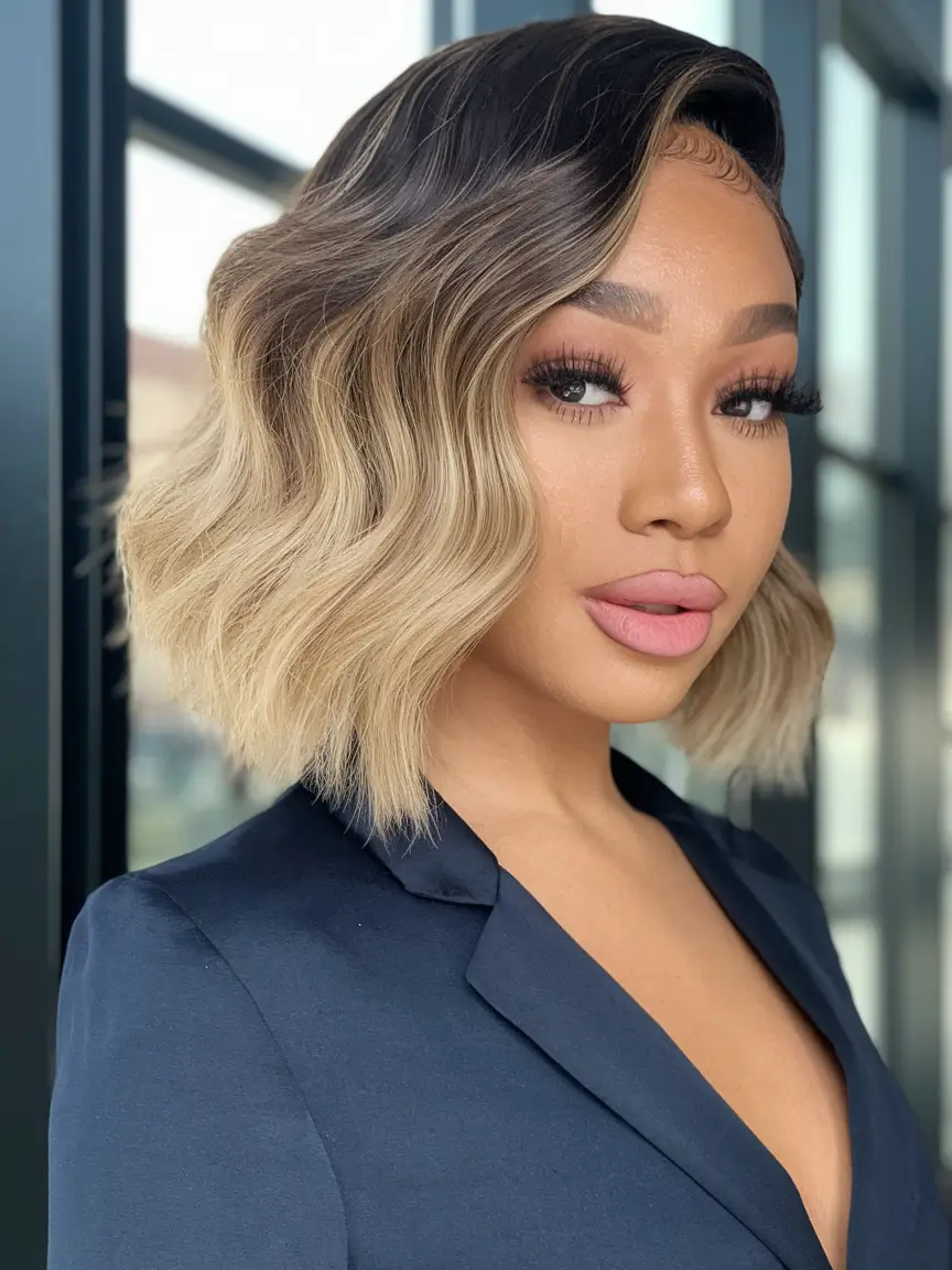short haircut for fall 2025 Glamour Blonde Waves with Sharp Parting