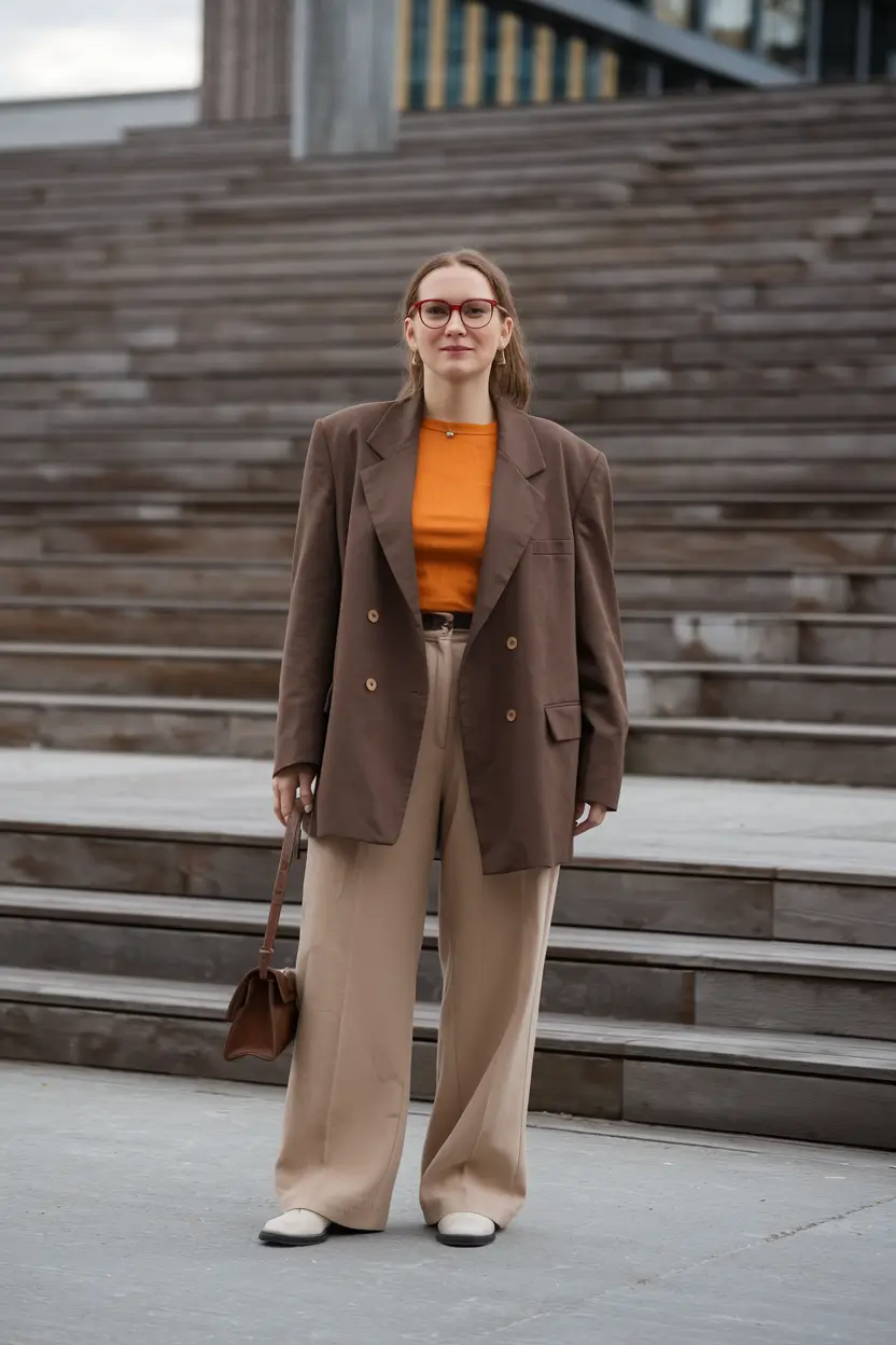 Stylish work outfits for women 2025 Chocolate Blazers and Burnt Orange Layers