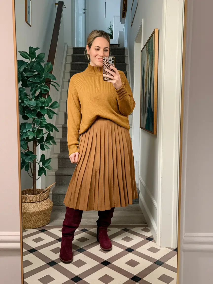 Stylish work outfits for women 2025 Golden Fall Neutrals with a Pop of Burgundy