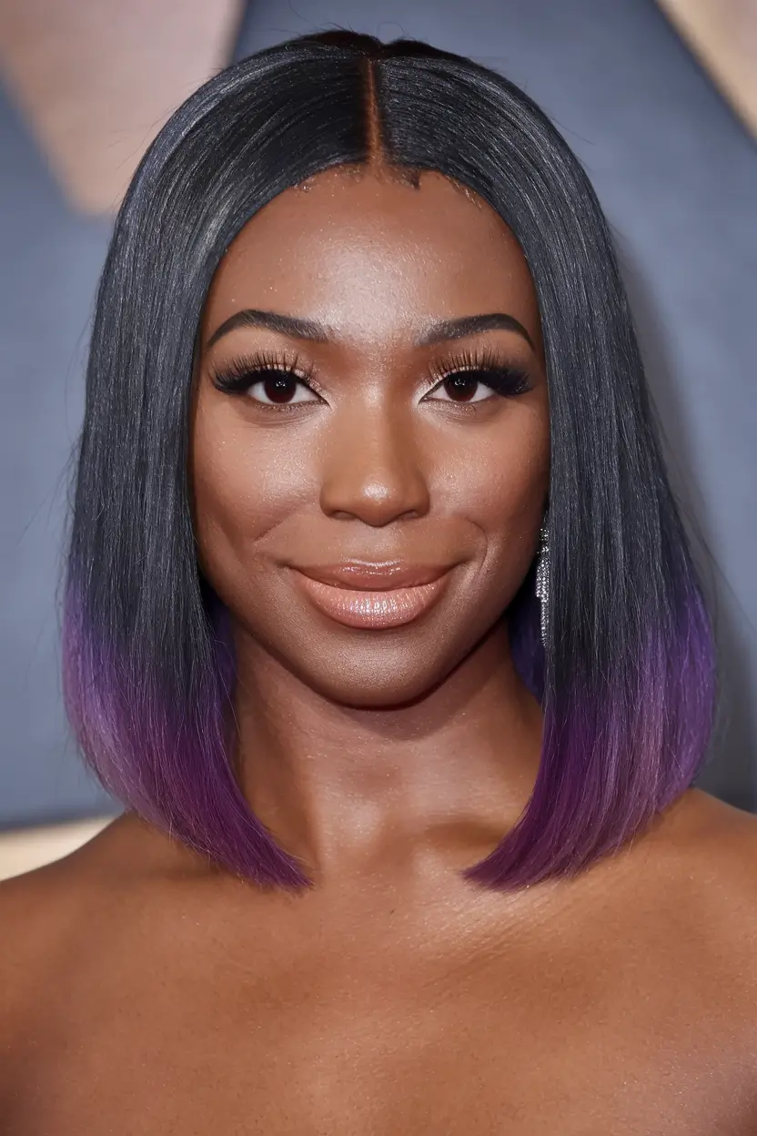 fall hair color black women silk press Sleek Black and Violet Dip-Dye Bob
