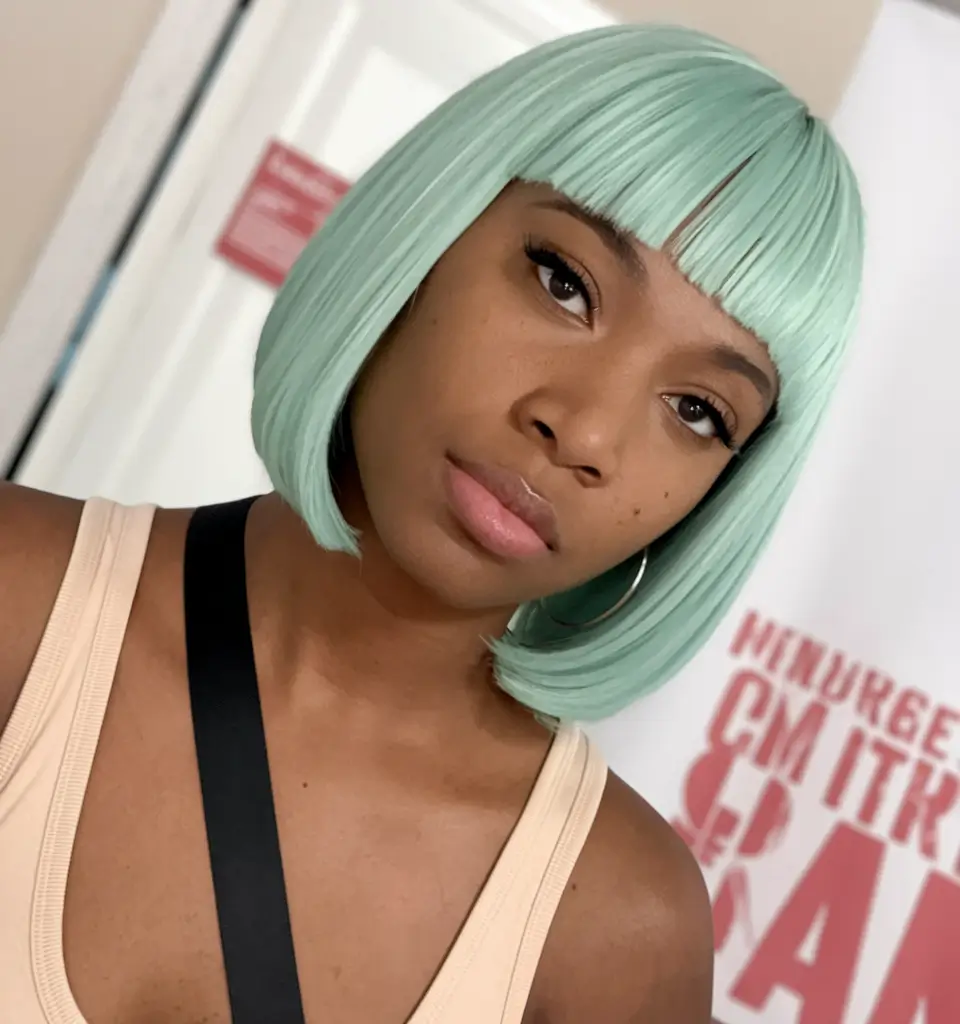 fall inspired hair color for black women Mint Green Blunt Bob with Micro Bangs