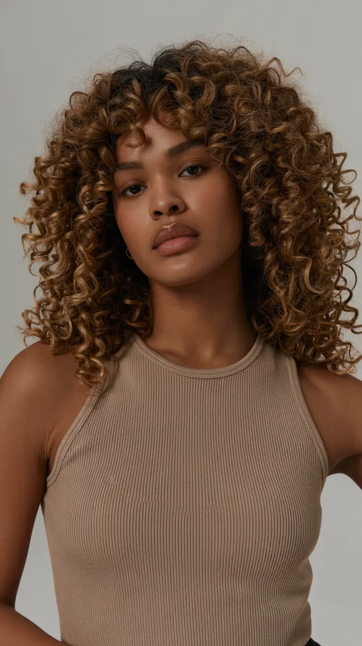 fall hair color black women natural Caramel Curls with Auburn Depth