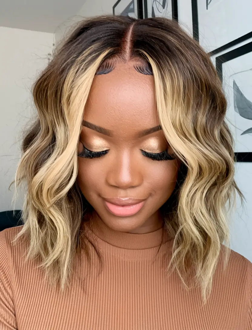fall hair color black women bob Two-Tone Bob with Golden Framing