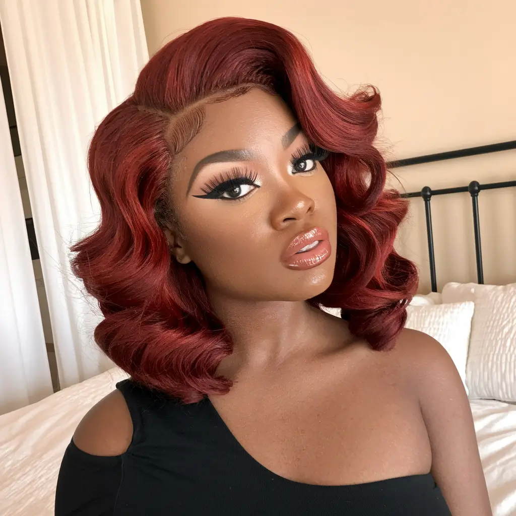 fall hair color for black women 2025 Glossy Cherry Red Retro Waves