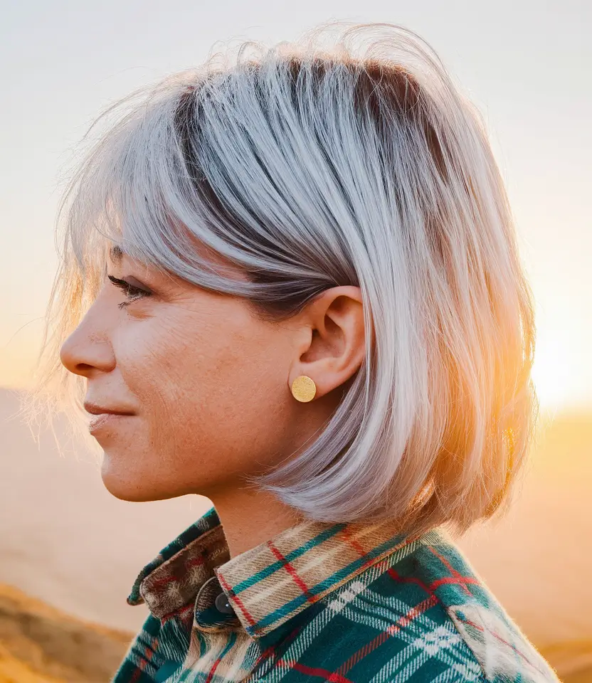 fall bob hairstyles with bangs 2025 Silvery Layered Bob with Feathered Bangs