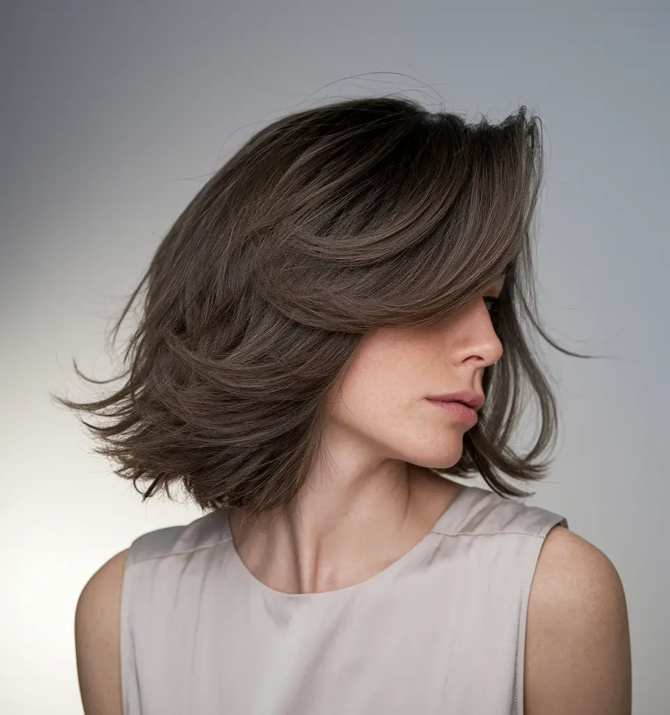 fall brunette hair color balayage medium Layered Flicked-Out Volume with Medium Tones