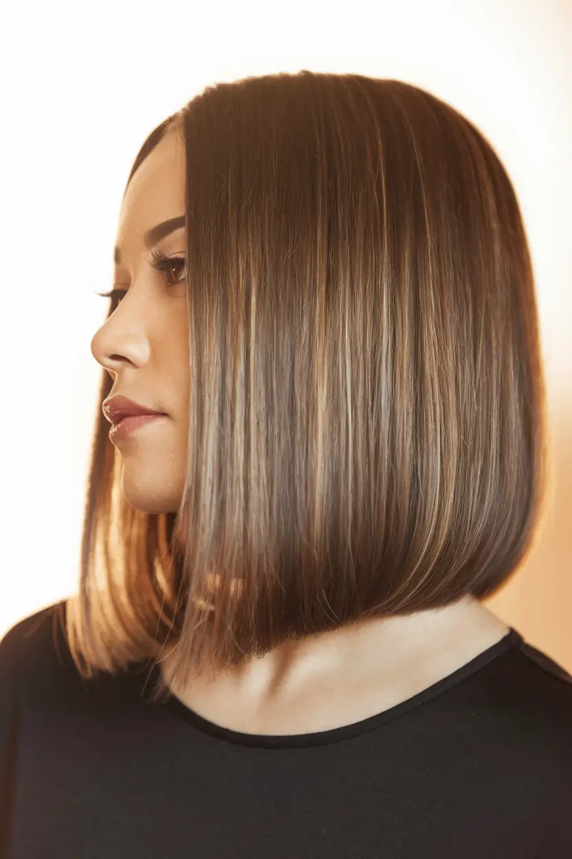 fall brunette hair color balayage medium Glossy Precision Bob with Fine Highlights