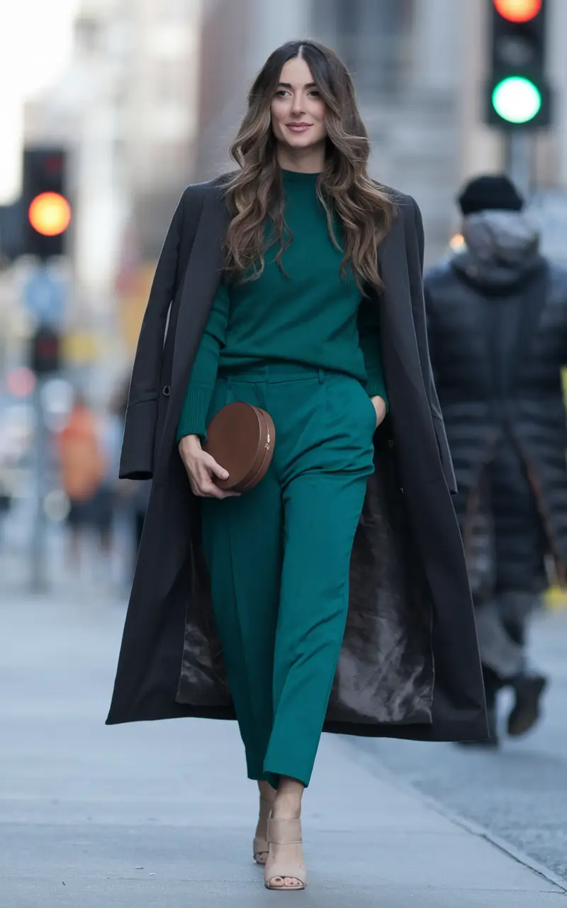 nyc fall outfits street style 2025 Monochrome Emerald Power Suit with a Twist
