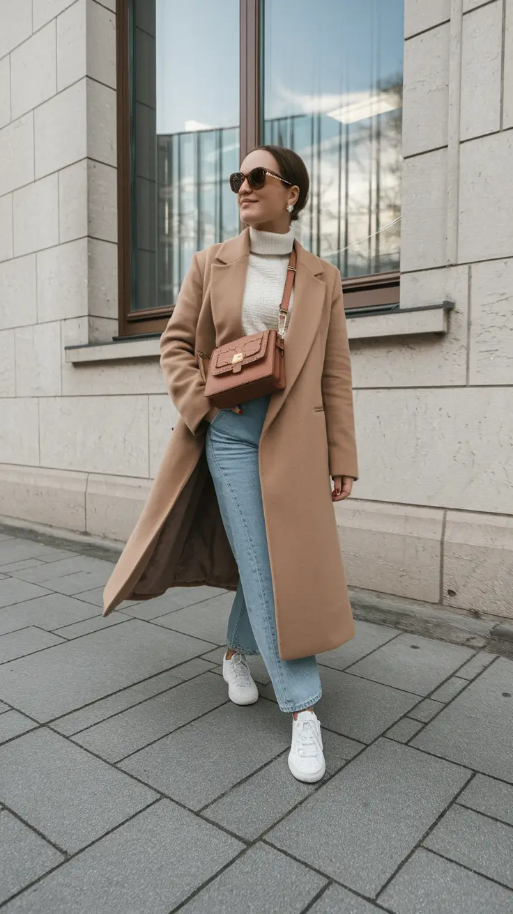 nyc fall outfits casual Camel Coat & Crisp White Kicks