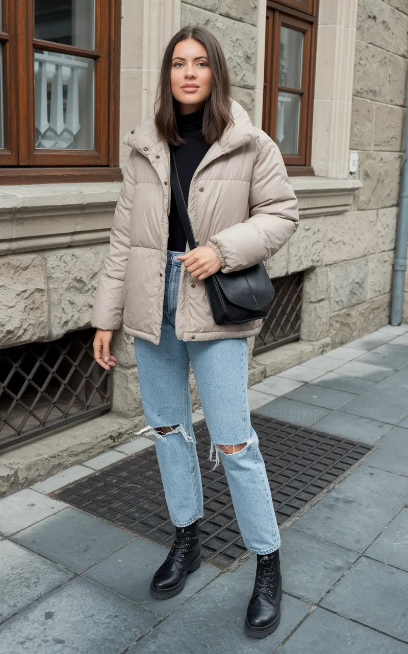 nyc fall outfits street style casual Beige Puffer, Black Boots, and Street Smart Vibes
