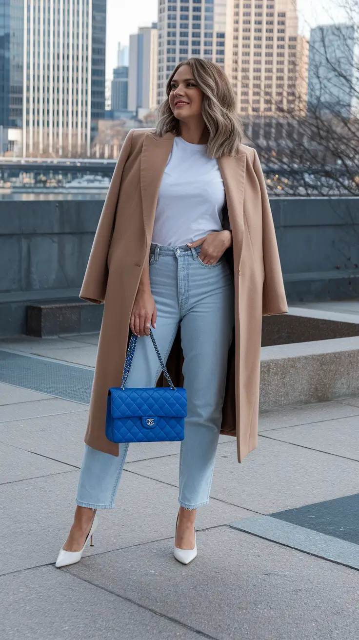 nyc fall outfits dinner Camel Coat Elegance with a Pop of Royal Blue