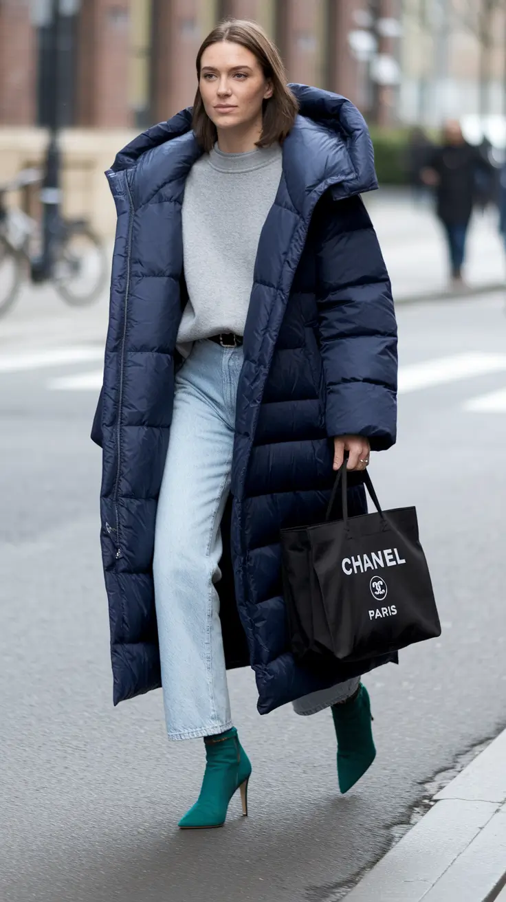 nyc fall outfits cold weather Navy Maxi Puffer & Jewel-Toned Boots