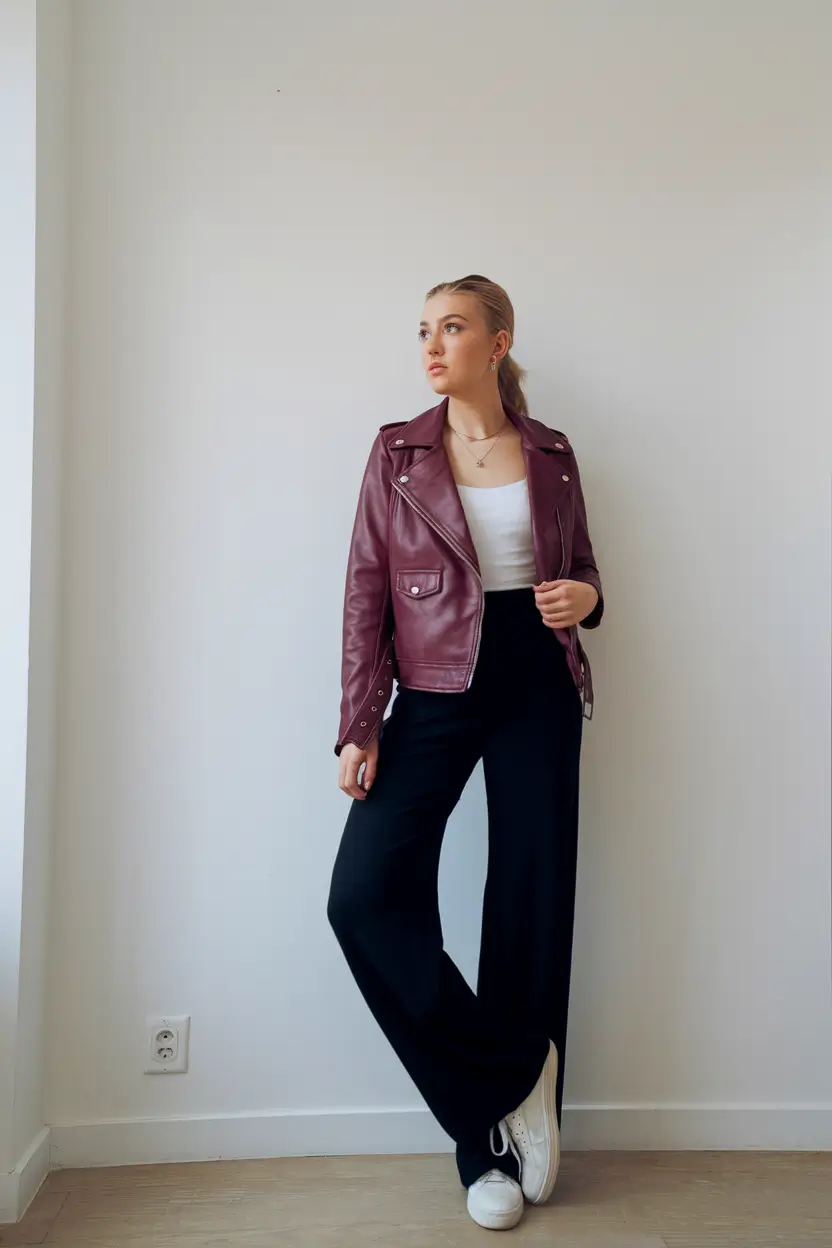 nyc fall outfits night out Burgundy Leather & Wide-Leg Swagger