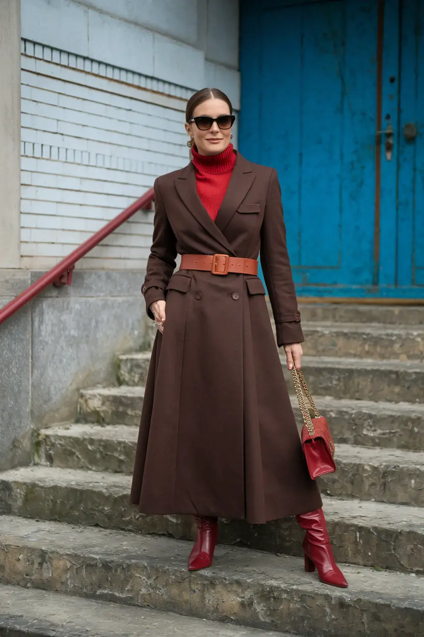 nyc fall outfits 2025 Rich Cocoa Elegance with a Pop of Red