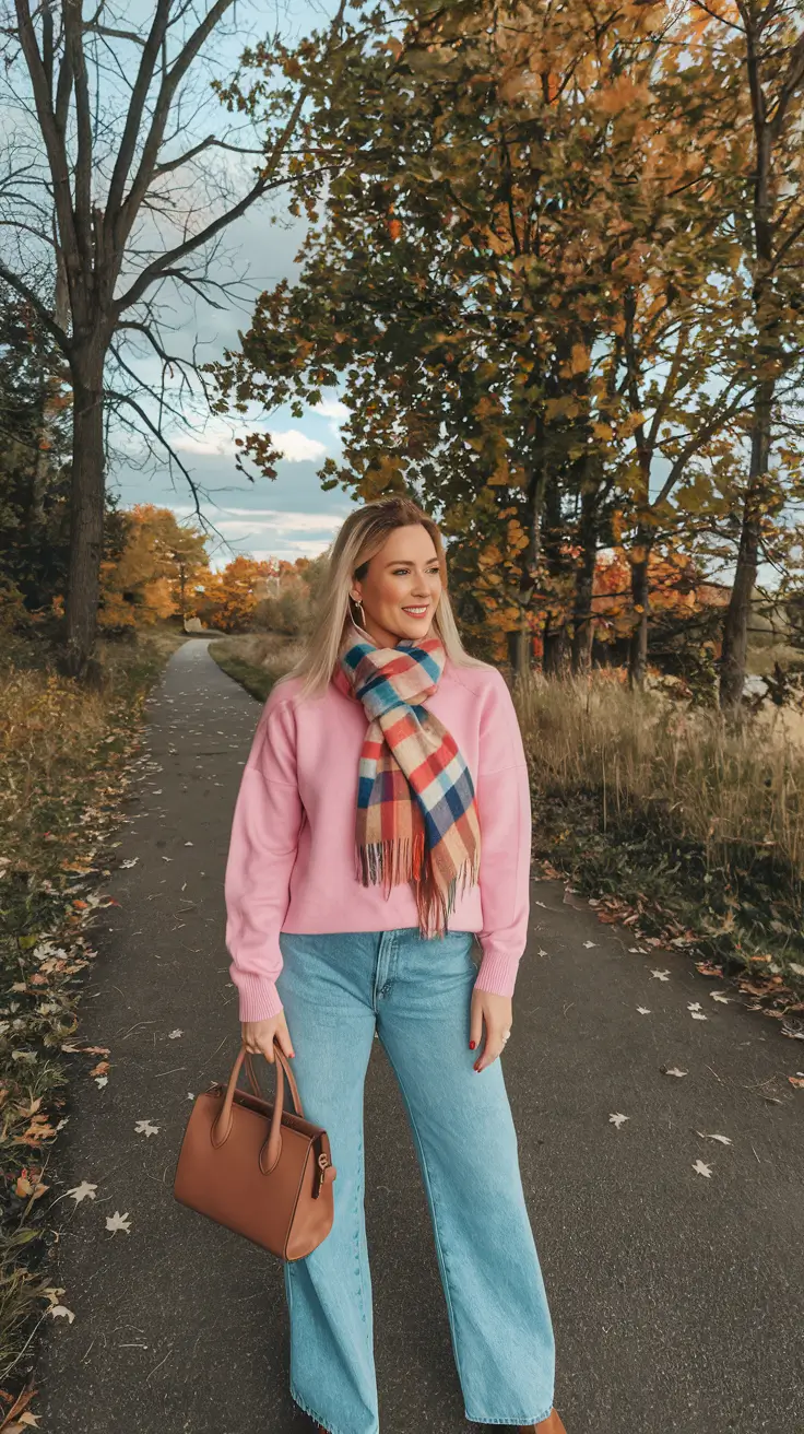 warm fall outfits weather casual Playful Pops of Pink with Timeless Denim