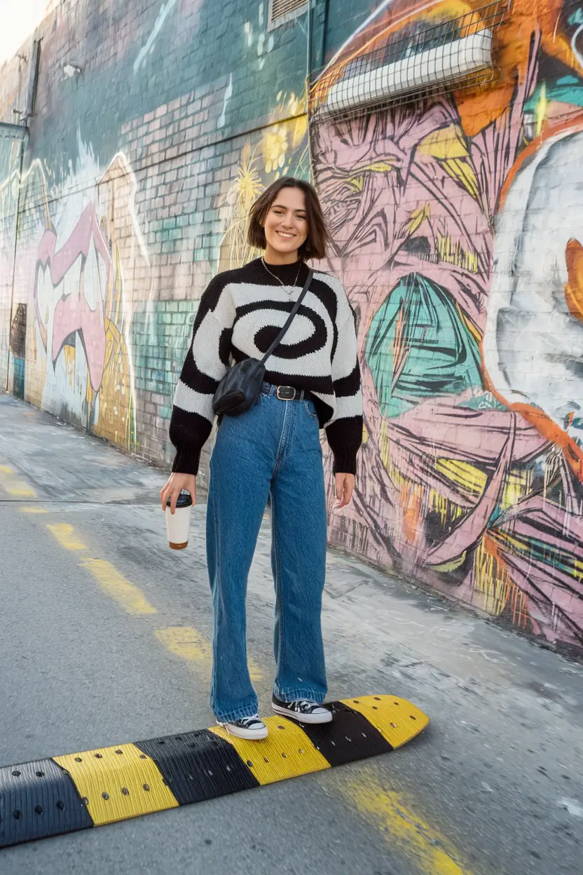 warm fall outfits weather casual Graphic Knit & Denim Confidence