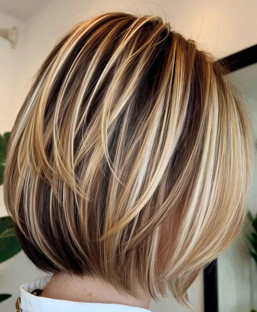 warm fall hair color caramel highlights Caramel Stripe Dimension on a Short Cut