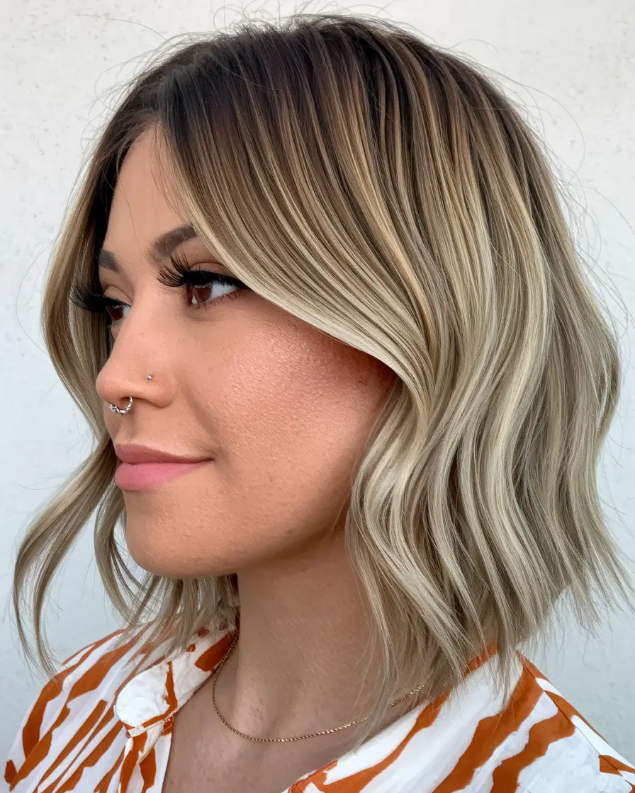 warm fall hair color 2025 Honey Blonde Bob with Dark Roots