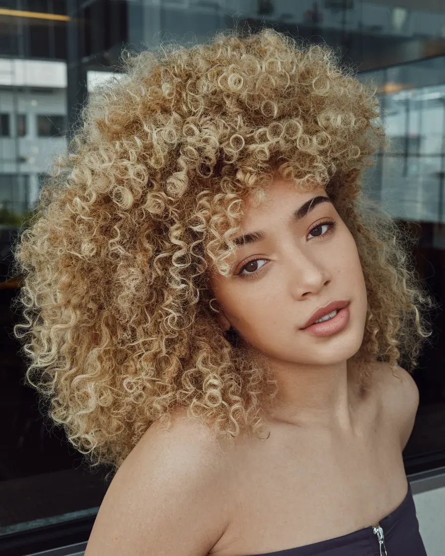 warm fall hair color 2025 Golden Blonde Curls with Volume