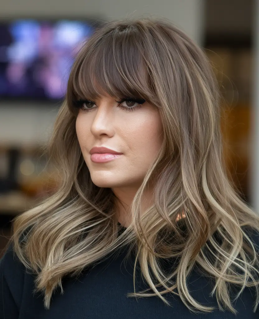 warm fall hair color caramel highlights Smoky Brunette With Curtain Bangs