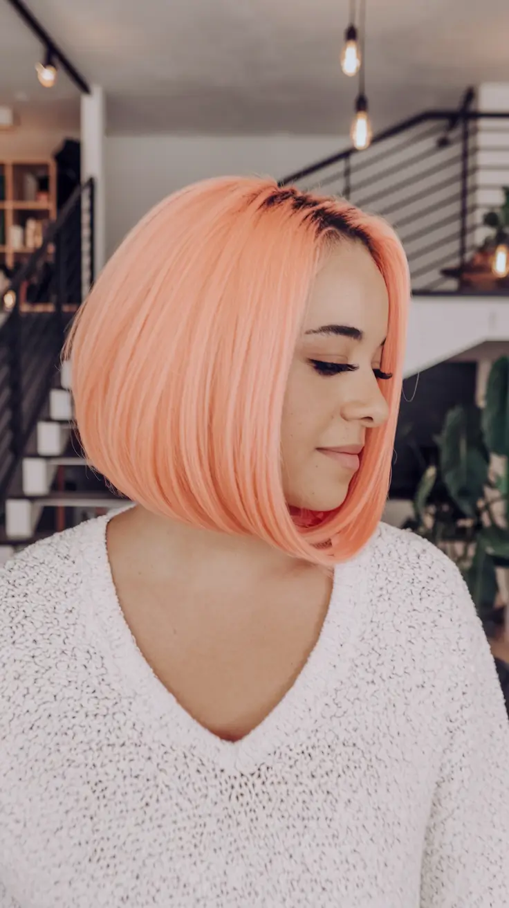 warm fall hair color blonde Peach Blonde Bob With Precision