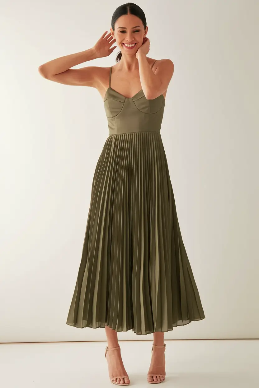 october wedding guest outfits 2025 Pleated Perfection in Earthy Tones