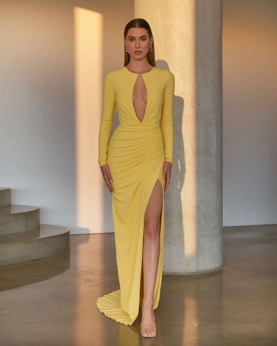 october wedding guest outfits 2025 Sunset Drama in Golden Mustard