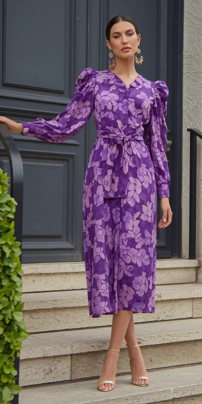 october wedding guest outfits uk Purple Florals with a Vintage Flare